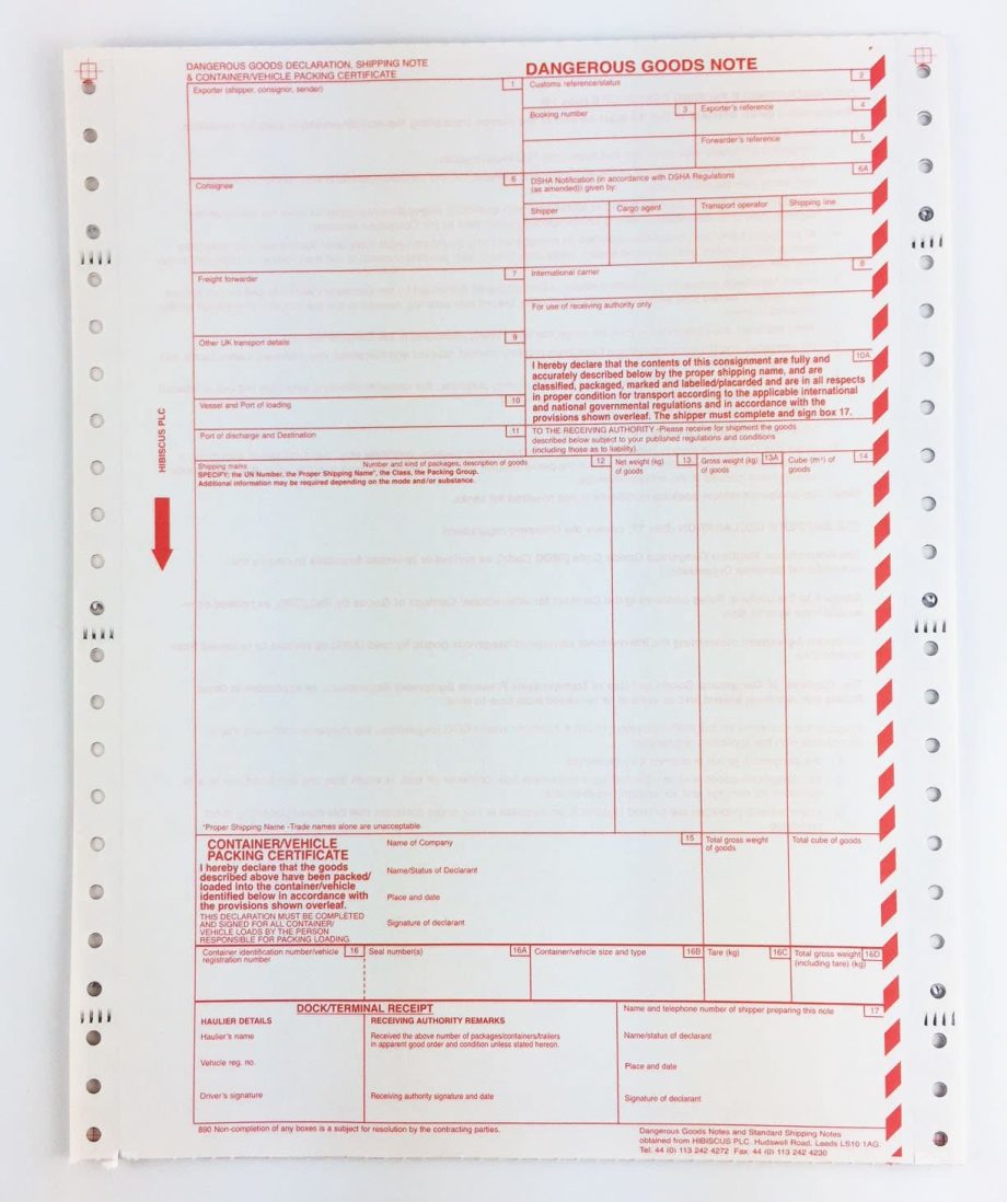 Dgn Note Sprocket Fed Dangerous Goods Notes - Buy Online - Hibiscus Plc