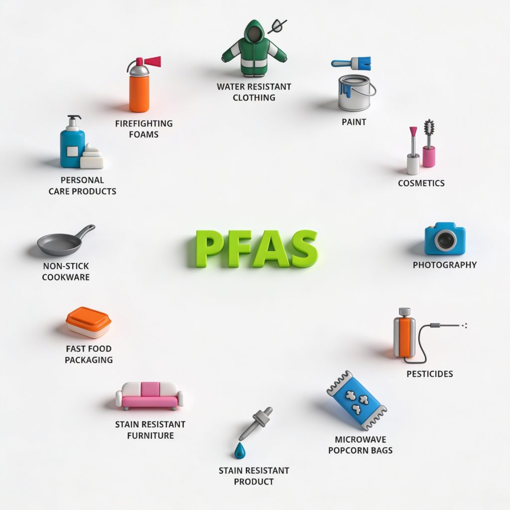 Circle of products that contain PFAS.